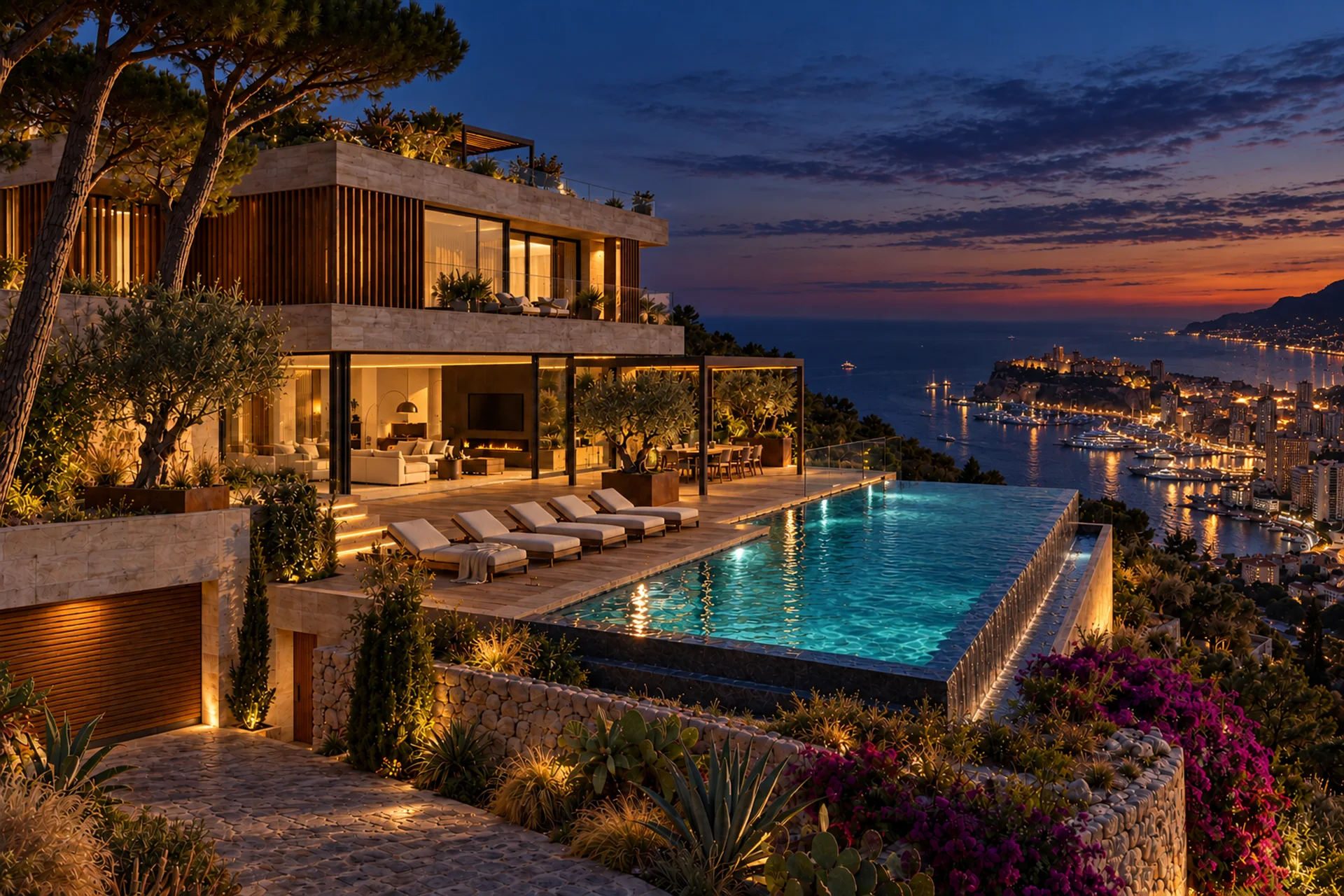 Villa contemporanea con piscina a sfioro sul mare, all'imbrunire. Render illustrativo