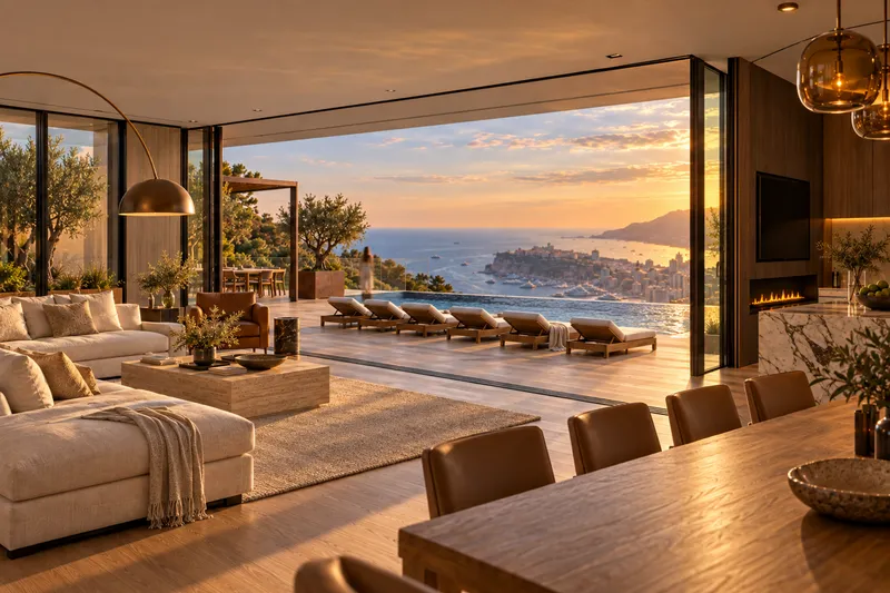 Il soggiorno della villa aperto sulla terrazza e sul mare